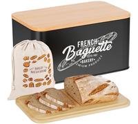 Hovea - Retro Bread Bin “French Baguette” - 30 x 18 x 13,7 cm - Metal & Bamboo - With Bread Bag - For Crusty Loaves, Sliced Bread & More - Keeps Bread Fresh - Vintage Black Breadbin - BP301