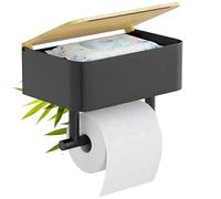 Hovea - Toilet Roll Holder with Storage Box - No Drill - With Shelf - Wall Mounted - Self Adhesive Wall Fixing or Screws -Toilet Paper WC - Black & Bamboo - PPT121