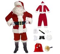 HoveeLuty 1 Set Santa Costume for Men 11Pcs Professional Christmas Clause Costume, Velvet Santa Red Outfit for Xmas Party, Cosplay Outfit Christmas Suit Adults Men