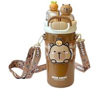 HoveeLuty Capybara Water Bottle, 520ml Stainless Steel Double-Drinking Kawaii Water Bottle with Straw and Adjustable Strap for School Office Travel, Dark Brown with Straw Cute