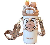 HoveeLuty Capybara Water Bottle, 520ml Stainless Steel Double-Drinking Kawaii Water Bottle with Straw and Adjustable Strap for School Office Travel, Light Brown with Straw Cute