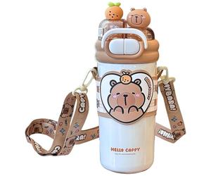 HoveeLuty Capybara Water Bottle, 520ml Stainless Steel Double-Drinking Kawaii Water Bottle with Straw and Adjustable Strap for School Office Travel, Light Brown with Straw Cute
