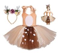 HoveeLuty Girls Deer Costume, Christmas Deer Costume Kids Include Khaki Tulle Dress & Antler Headband for Christmas Cosplay, Stage Show, Halloween, 2T Kids Toddler