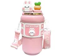 HoveeLuty Kawaii Water Bottle, 19oz Stainless Steel Water Insulation Bottle with Straw & Adjustable Strap, Cute Rabbit Leak-Proof Bottles for Girls Sports Camping Travel (Pink) Kawaii