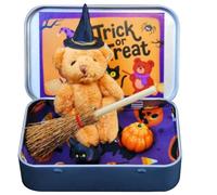 HoveeLuty Little Bear in a Box Witch Plush Bear Halloween Mini Figures with Iron Box Broom Cape Pumpkin & Cat for Trick or Treaters Halloween Mini Figures Plush Miniature Animals