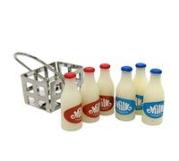 HoveeLuty Miniature Milk Bottle Set with Basket - Realistic, Detailed, Aesthetically Pleasing - Silver, White, Red, Blue - Dollhouse Kitchen Accessory Set - Resin, Metal - 1:24 Scale - Adult