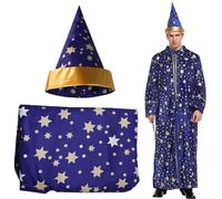 HoveeLuty Wizard Costume Long Sleeves Blue Wizard Robe and Hat Polyester Star Pattern Cloak Adults Robe for Halloween Party, Cosplay(XL) Costume Men Cloak Blue Cape