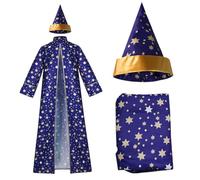 HoveeLuty Wizard Costume Long Sleeves Blue Wizard Robe and Hat Polyester Star Pattern Cloak Adults Robe for Halloween Party, Cosplay(M) Costume Men Blue Cape