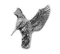 Hovering Kingfisher Pin Badge Brooch in a Grey Burlap Pouch.