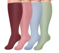 Hovershoes 4 Pairs Plus Size Compression Socks for Women & Men, Extra Large Knee High Stockings Wide Calf Sports Running Flight Travel Edema Nurse, 15-25 mmHg