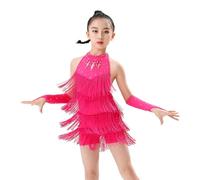 Hovershoes Girls Latin Tassel Dress Backless Fringe Ballet Salsa Tango Ballroom Dancing Outfits Cha Cha Skating Dancewear Dance Skirt for Kids Teens Hot Pink
