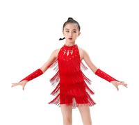 Hovershoes Girls Latin Tassel Dress Backless Fringe Ballet Salsa Tango Ballroom Dancing Outfits Cha Cha Skating Dancewear Dance Skirt for Kids Teens Red