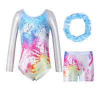Hovershoes Gymnastics Leotards for Girls Long Sleeve/Sleeveless Sparkle Gymnastics Bodysuit with Shorts & Hairband Set Athletic Ballet Dance Dress Outfit Unitard (N, 7-8 Years)
