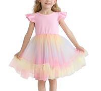 Hovershoes Kids Girl Sleeveless/Long Sleeve Princess Tulle Dresses for Casual Birthday Party Christmas Ruffle A-Line Dress with Tutu Skirt for Wedding Flower Girl 3 4 5 6 7 8T Pink