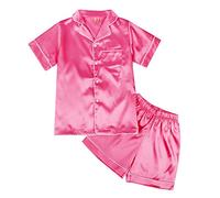 Hovershoes Kids Satin Pyjamas Sets Girls Boys Short Sleeve Button-Down Pjs Set 2 Piece Silky Nightwear Sleepwear Outfit Gifts Hot Pink