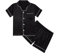 Hovershoes Kids Teens Silk Pyjamas Girls Boys Short Sleeve Satin Pjs Sets Button-Down Pajamas Shirt Shorts Sets Silky Nightwear Children Sleepwear 2 Pieces Loungewear for 4-14Years
