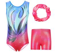 Hovershoes Three-Piece Gymnastics Leotards Set for Girls Sparkle Colorful Dancing Athletic Leotard with Glitter Tumbling Dance Shorts and Headband for Kids Teens 5 6 7 8 9 10 11 12 13 14T