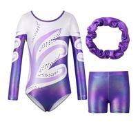 Hovershoes Three-Piece Gymnastics Leotards Set for Girls Sparkle Colorful Dancing Athletic Leotard with Glitter Tumbling Dance Shorts and Headband for Kids Teens 5 6 7 8 9 10 11 12 13 14T