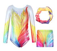 Hovershoes Three-Piece Gymnastics Leotards Set for Girls Sparkle Colorful Dancing Athletic Leotard with Glitter Tumbling Dance Shorts and Headband for Kids Teens 5 6 7 8 9 10 11 12 13 14T