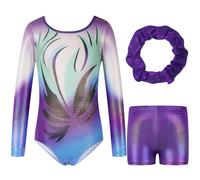 Hovershoes Three-Piece Gymnastics Leotards Set for Girls Sparkle Colorful Dancing Athletic Leotard with Glitter Tumbling Dance Shorts and Headband for Kids Teens 5 6 7 8 9 10 11 12 13 14T