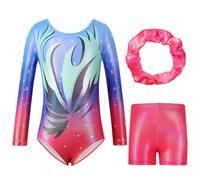 Hovershoes Three-Piece Gymnastics Leotards Set for Girls Sparkle Colorful Dancing Athletic Leotard with Glitter Tumbling Dance Shorts and Headband for Kids Teens 5 6 7 8 9 10 11 12 13 14T