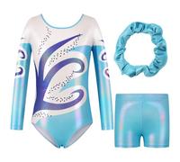 Hovershoes Three-Piece Gymnastics Leotards Set for Girls Sparkle Colorful Dancing Athletic Leotard with Glitter Tumbling Dance Shorts and Headband for Kids Teens 5 6 7 8 9 10 11 12 13 14T