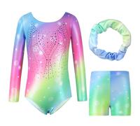 Hovershoes Three-Piece Gymnastics Leotards Set for Girls Sparkle Colorful Dancing Athletic Leotard with Glitter Tumbling Dance Shorts and Headband for Kids Teens 5 6 7 8 9 10 11 12 13 14T