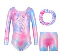 Hovershoes Three-Piece Gymnastics Leotards Set for Girls Sparkle Colorful Dancing Athletic Leotard with Glitter Tumbling Dance Shorts and Headband for Kids Teens 5 6 7 8 9 10 11 12 13 14T