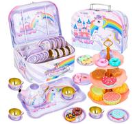 Hovetne 33 PCS Tea Set for Toddlers, Kids Tea Party Pretend Play Toy with Dessert Toy, Plates, Teapot, Childrens Tin Play Tea Set for Girls Aged 3 4 5 6 7 8, Unicorn