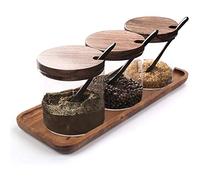 Hovico Condiment Container Seasoning Box Set, with Wooden Spoon Lid and Base, Salt Sugar Spice Pepper Condiment Container Jar Set of 3