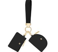 Hovmwey Keychain Wallet, Detachable Dual Pouch Wristlet Wallets for Women Men, Portable Mini Zip Around Small Wallet Coin Purse (Black+Golden Buckle+Black)