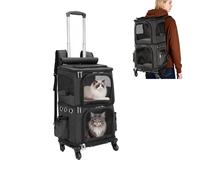 HOVONO Double-Compartment Pet Carrier Backpack with Wheels for Small Cats and Dogs, Cat Rolling Carrier for 2 Cats, Perfect for Traveling/Taking a Walk/Trips to The Vet, Black