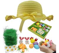HOVUK 18pcs Easter Bonnet Decoration Set and Easter Bonnet Yellow Hat with Ribbon for Unisex Kids, Decorate DIY Easter Bonnet Hat with Chicks Eggs Bunny Carrot Daisies Hen Flowers Arts Crafts