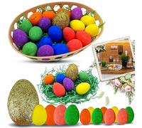 HOVUK 21PCs Oval Hamper Basket Egg Set - Easter Glitter Eggs with Shredded Tissue Paper, Large Golden Egg with Multicolour Foam Eggs for Easter Table Decorations, Packed in Net Bag
