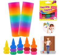 HOVUK 2PCS Large Rainbow Magic Spring Toy 15cm with 14 Easy Grip Crayons Set Stretchy Slinky Fidget Sensory Toy Kids Party Bag Fillers Classroom Rewards Gifts UK