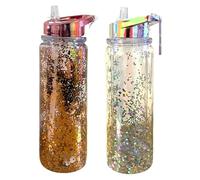 HOVUK 2PCs Sequin Glitter Water Bottles with Straw 500ml - Double Layer Drinking Bottles for Outdoor Indoor, Girls Sports Bottles for School Kids - (Rosegold & Silver)