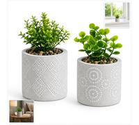 HOVUK 2x Artificial Mini Plants 14cm in Cement Flower Pots, Assorted Stonecrop & Jade Indoor Plants, Grey Circle Pattern Decorative Planters for Home Office Desk Shelf Table Modern Home Decor
