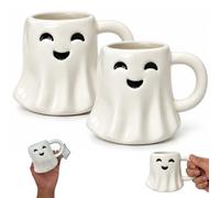 HOVUK 2X Halloween Ghost Mugs 450ml, 14cm White Ceramic Ghost Shaped Cup with Smiling Face, Microwave & Dishwasher Safe, Novelty Halloween Drinkware for Home Office Kitchen