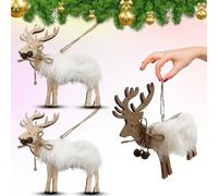 HOVUK® 2x White Shaggy Reindeer with Plush Body, Rustic Nutbells and Jute String Bow, Hanging Decor, Classic Traditional Luxury Christmas Theme Decoration