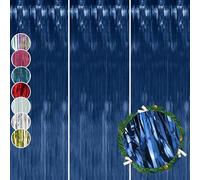HOVUK 3Pk Dark Blue Foil Fringe Curtain 50cm - Tinsel Lametta Backdrop for Birthday Party, Graduation, Christmas Room Decor, Wedding Decorations, Streamer Curtain for Photo Booth and Event Backdrop
