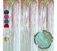 HOVUK 3Pk Iridescent Christmas Lametta 1.2m - Xmas Hanging Foil Lametta, Tinsel Foil Fringe Curtains for Christmas, Wedding Birthday Party or Proms