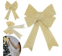 HOVUK 43cm Champagne LED Christmas Bow, Glitter Tinsel Battery-Powered Bow for Xmas Tree, Door, Wreath, Indoor/Outdoor Holiday Décor