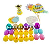 HOVUK 58Pcs Easter Gift Set for Girls Boys, Fillable Plastic Easter Eggs, Chicks and Plastic Champion Trophy, Easter Party Favor, Easter Basket Stuffers, and Easter Egg Hunt Trail Kit