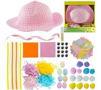 HOVUK 64Pcs Pink Easter Bonnet Decorations Kit for Hunt Game | Handmade Big Pack Children Bonnet with Feathers, Pom Poms, Foam Eggs | Easter Hat for Children DIY