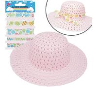 HOVUK 6PCS Easter Bonnet Decoration Set, Pink Wide Brim Hat with Assorted Easter Ribbons for Girls, Gift Wrapping, Crafts, Party Décor, Outdoor Sunhat, Gardening, Walking, Fancy Dress