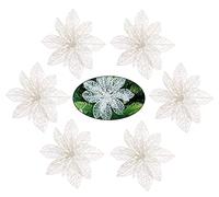 HOVUK 6Pcs White Artificial Poinsettia Glitter Flowers 15cm - Ideal for Christmas Tree Decorations and Christmas Tree Flowers Clip for Wedding (White)