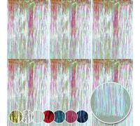 HOVUK 6Pk Holographic Foil Fringe Streamers 50cm - White Christmas Lametta, Xmas Decor Iridescent Tinsel Foil Fringe Curtains for Wedding, Wall Birthday Party Décor