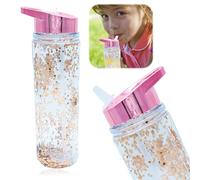 HOVUK Glitter Water Bottle Kids 500ml - Rosegold Glitter Girls Water Bottle with Flip-up straw, Plastic Bottles Picnic Gifts for Women BPA Free, Double Wall Glitter Float Around