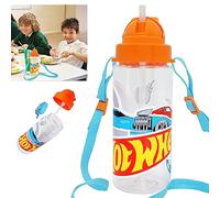 HOVUK Hot Wheels Straw Sipper Water Bottle 500ml, Tritan Bottle with Flip Top for Kids, Leak Proof and Reusable Sports Gift for School 3+Years