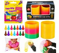 HOVUK Kids Colouring & Play Bundle with 14 Easy Grip Non Toxic Wax Crayons & 2 Rainbow Magic Spring Toys, Washable Art Craft Set, Party Bag Fillers, Classroom Rewards Gift for Boys Girls 3+